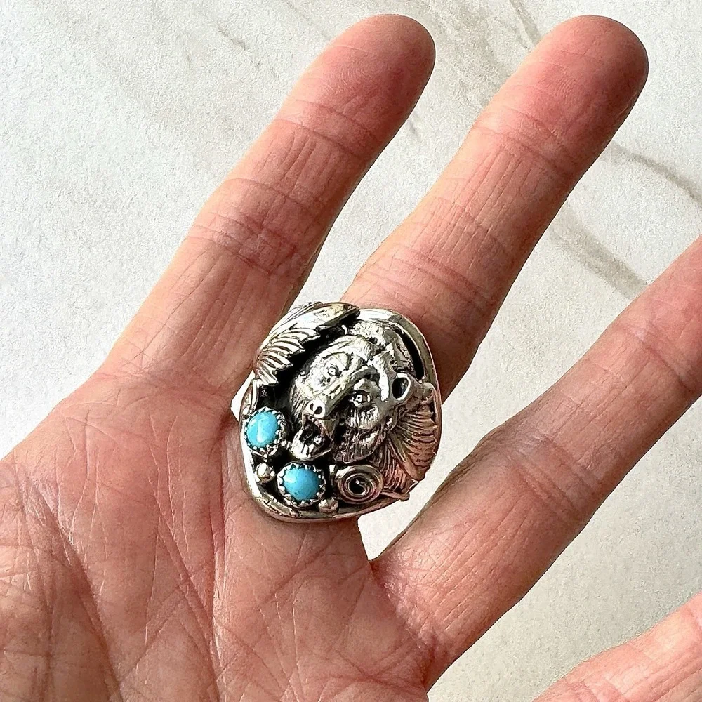 Bear Head Navajo‎ Kingman Turquoise Mens Ring Sz 14 Sterling Signed Sanders